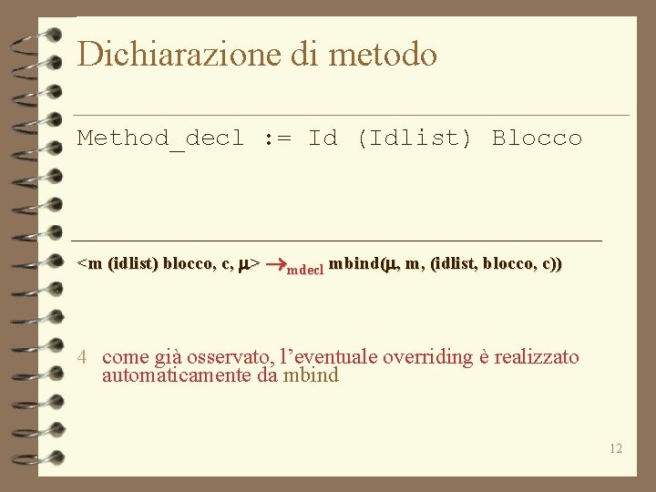 Dichiarazione di metodo Method_decl : = Id (Idlist) Blocco <m (idlist) blocco, c, m>