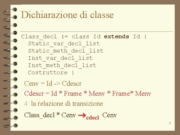 Dichiarazione di classe Class_decl : = class Id extends Id { Static_var_decl_list Static_meth_decl_list Inst_var_decl_list