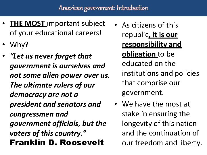 American government: Introduction • THE MOST important subject • As citizens of this of