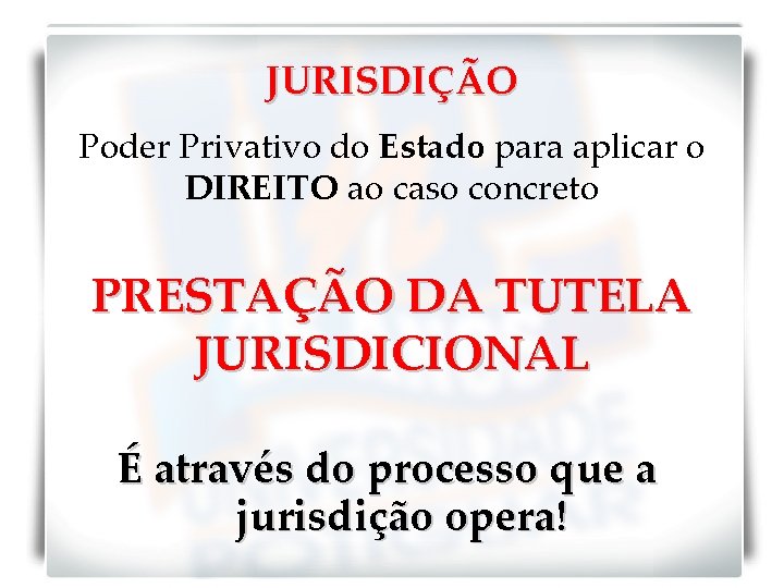 JURISDIÇÃO Poder Privativo do Estado para aplicar o DIREITO ao caso concreto PRESTAÇÃO DA
