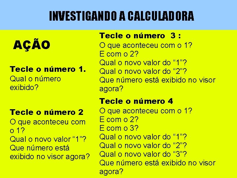 INVESTIGANDO A CALCULADORA AÇÃO Tecle o número 1. Qual o número exibido? Tecle o