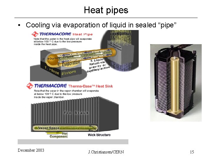 Heat pipes • Cooling via evaporation of liquid in sealed “pipe” December 2003 J.
