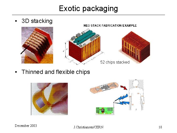 Exotic packaging • 3 D stacking 52 chips stacked • Thinned and flexible chips