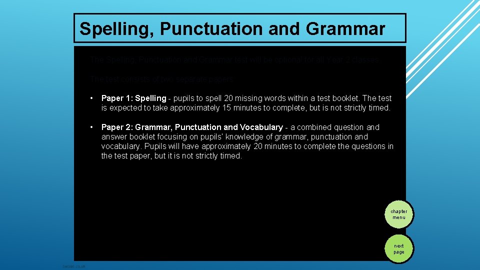 Spelling, Punctuation and Grammar The Spelling, Punctuation and Grammar test will be optional for