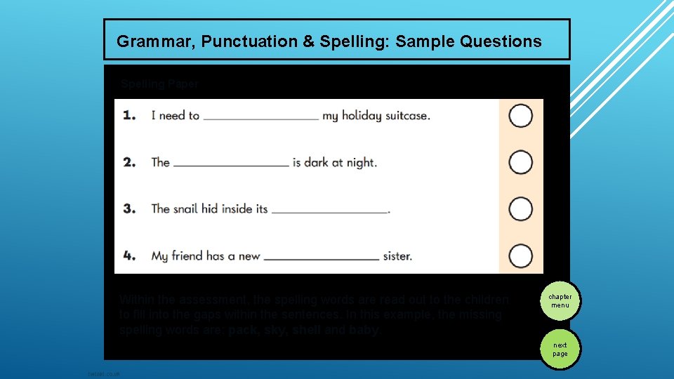 Grammar, Punctuation & Spelling: Sample Questions Spelling Paper Within the assessment, the spelling words
