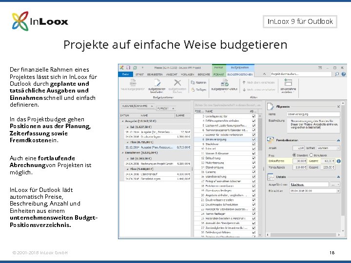 Seite 16 In. Loox 9 für Outlook Projekte auf einfache Weise budgetieren Der finanzielle