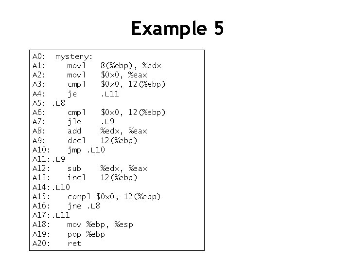 Example 5 A 0: mystery: A 1: movl 8(%ebp), %edx A 2: movl $0