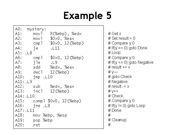 Example 5 A 0: mystery: A 1: movl 8(%ebp), %edx A 2: movl $0