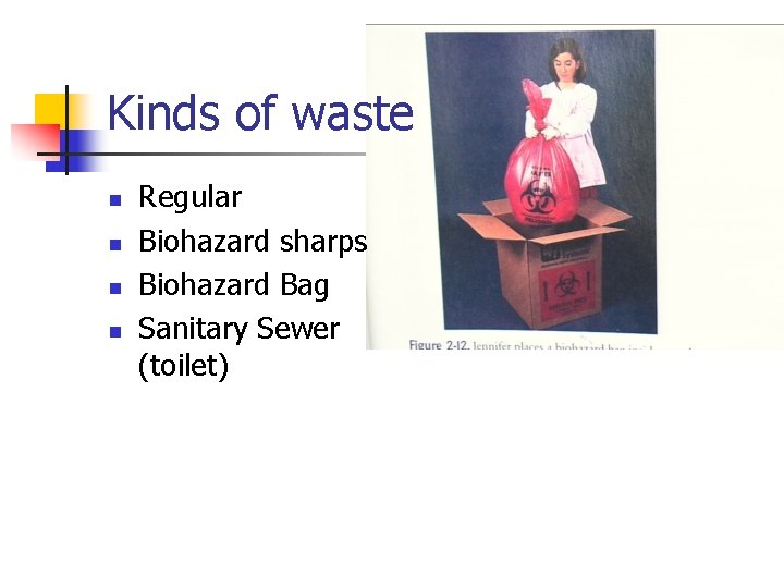 Kinds of waste n n Regular Biohazard sharps Biohazard Bag Sanitary Sewer (toilet) 