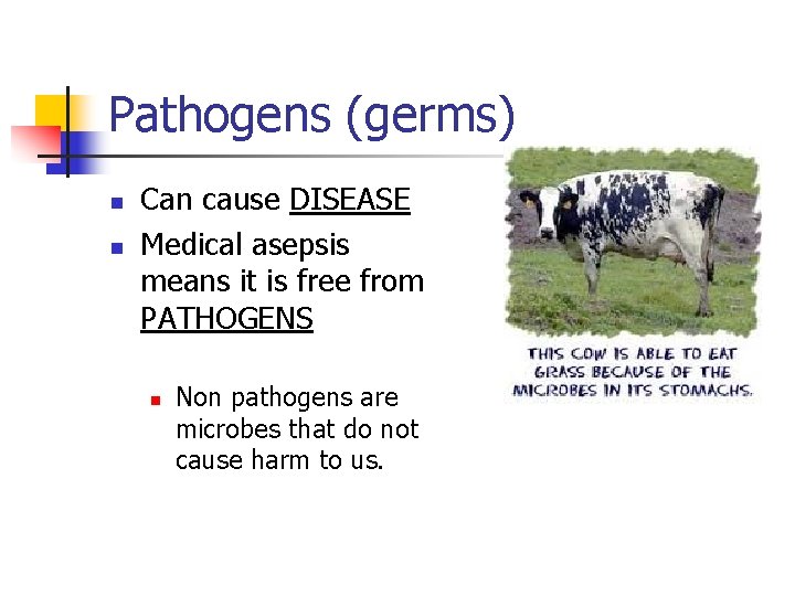 Pathogens (germs) n n Can cause DISEASE Medical asepsis means it is free from