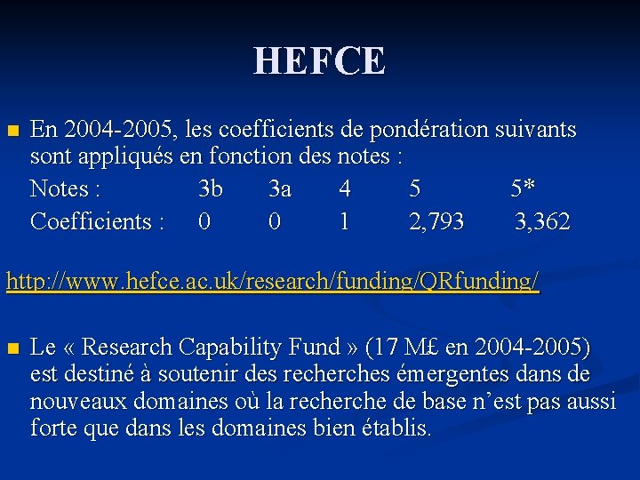 HEFCE n En 2004 -2005, les coefficients de pondération suivants sont appliqués en fonction