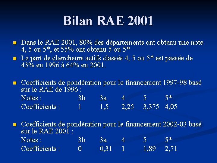 Bilan RAE 2001 n n Dans le RAE 2001, 80% des départements ont obtenu