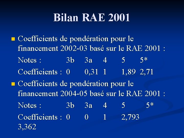 Bilan RAE 2001 Coefficients de pondération pour le financement 2002 -03 basé sur le