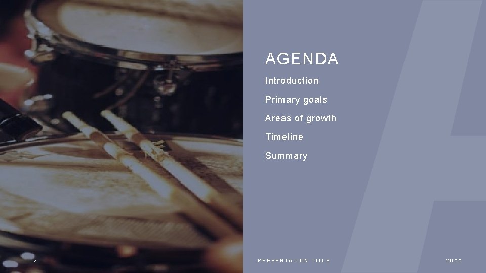 AGENDA Introduction Primary goals Areas of growth Timeline Summary 2 PRESENTATION TITLE 20 XX