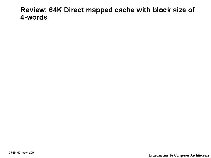 Review: 64 K Direct mapped cache with block size of 4 -words CPE 442