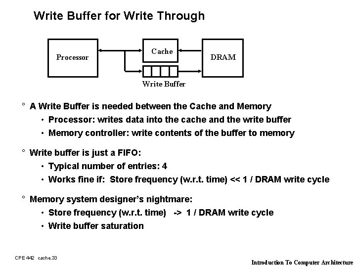 Write Buffer for Write Through Processor Cache DRAM Write Buffer ° A Write Buffer