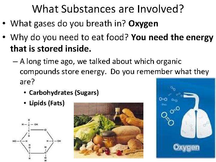 What Substances are Involved? • What gases do you breath in? Oxygen • Why