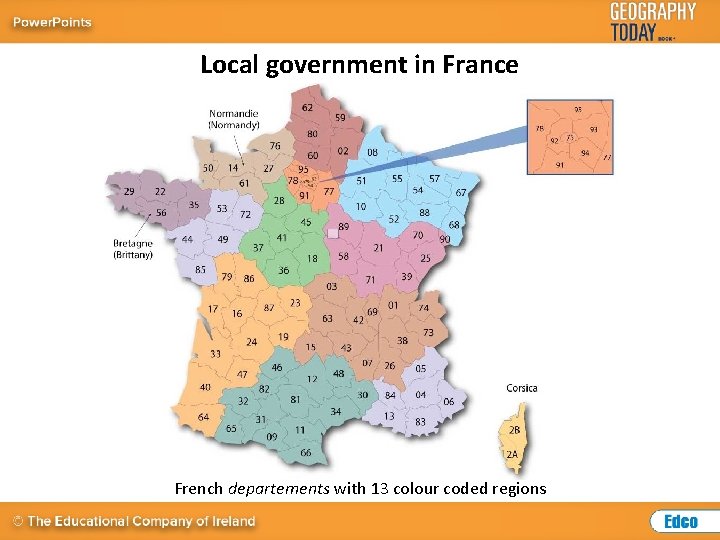 Local government in France French departements with 13 colour coded regions 