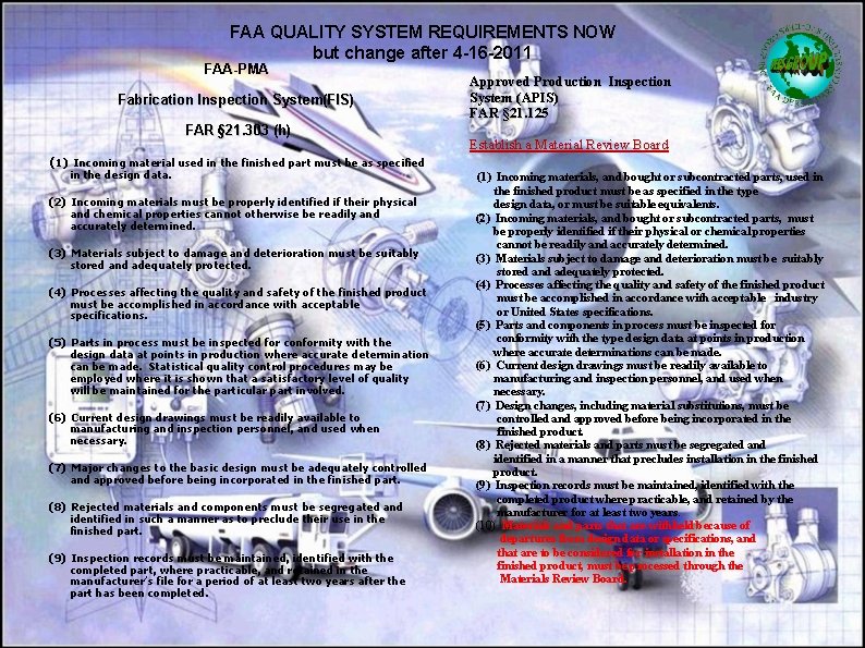 FAA QUALITY SYSTEM REQUIREMENTS NOW but change after 4 -16 -2011 FAA-PMA Fabrication Inspection
