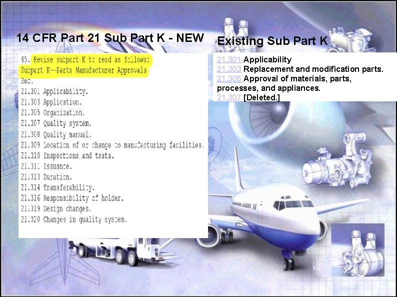 14 CFR Part 21 Sub Part K - NEW Existing Sub Part K 21.