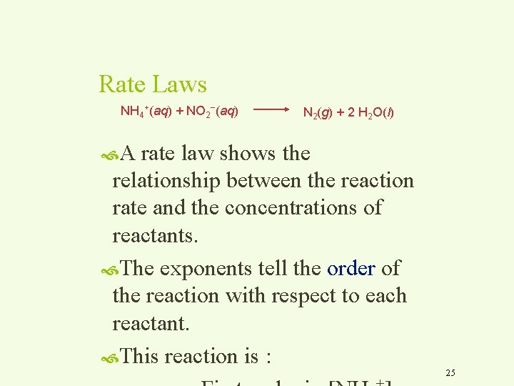 Rate Laws NH 4+(aq) + NO 2−(aq) N 2(g) + 2 H 2 O(l)