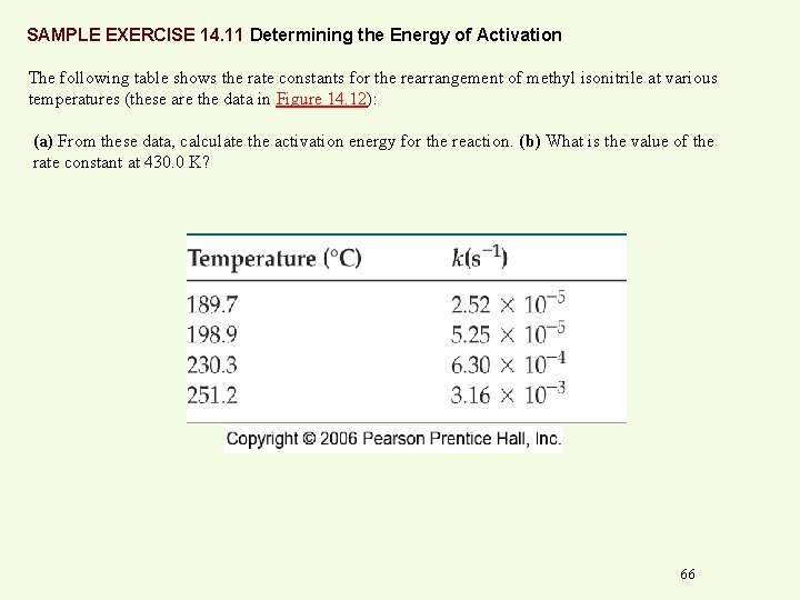 SAMPLE EXERCISE 14. 11 Determining the Energy of Activation The following table shows the