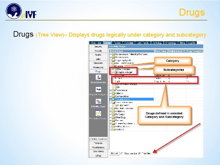 Drugs (Tree View)– Displays drugs logically under category and subcategory 