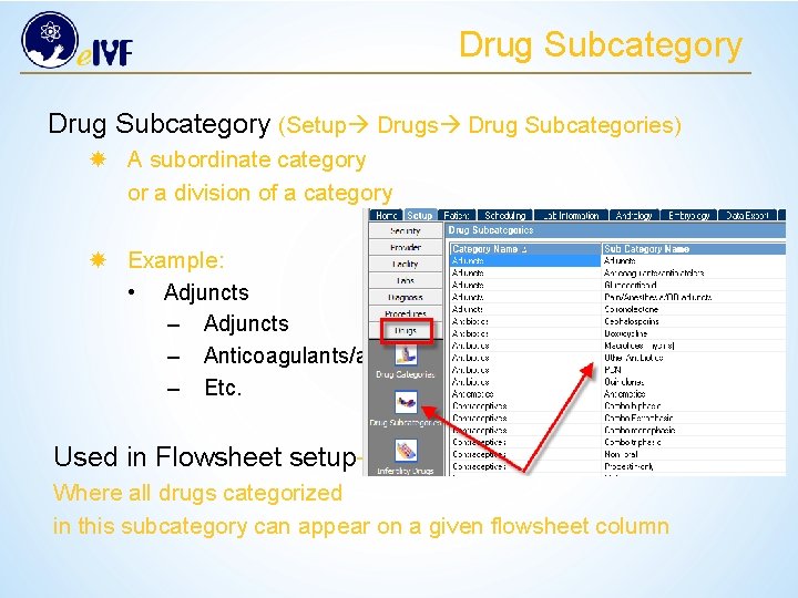 Drug Subcategory (Setup Drugs Drug Subcategories) A subordinate category or a division of a