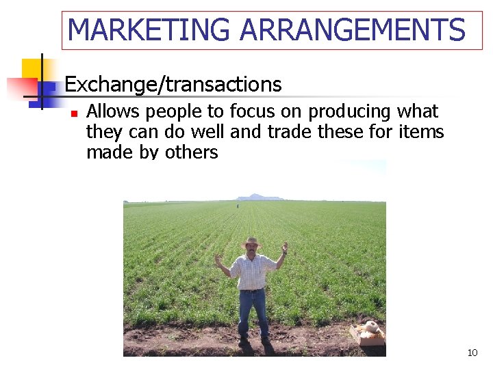 MARKETING ARRANGEMENTS n Exchange/transactions n Allows people to focus on producing what they can