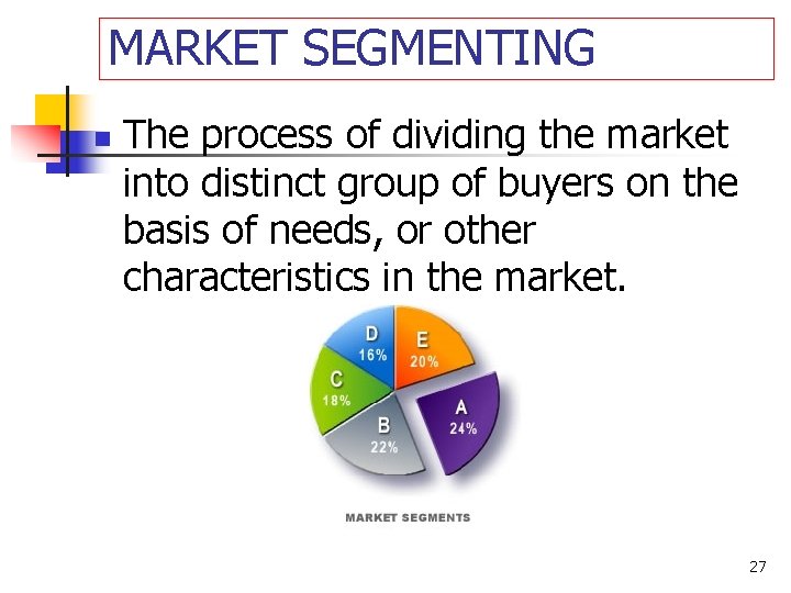 MARKET SEGMENTING n The process of dividing the market into distinct group of buyers