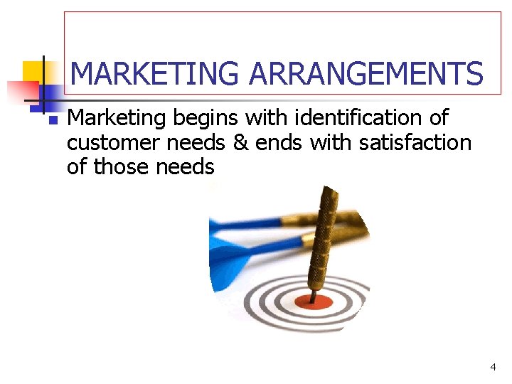 MARKETING ARRANGEMENTS n Marketing begins with identification of customer needs & ends with satisfaction