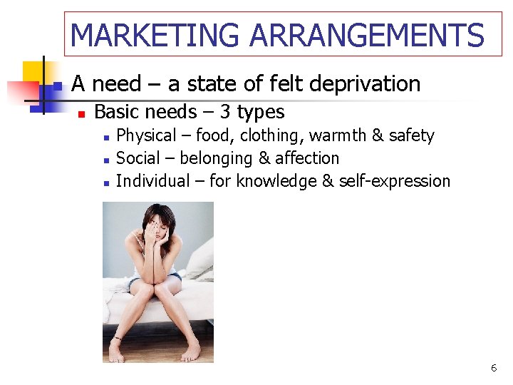 MARKETING ARRANGEMENTS n A need – a state of felt deprivation n Basic needs