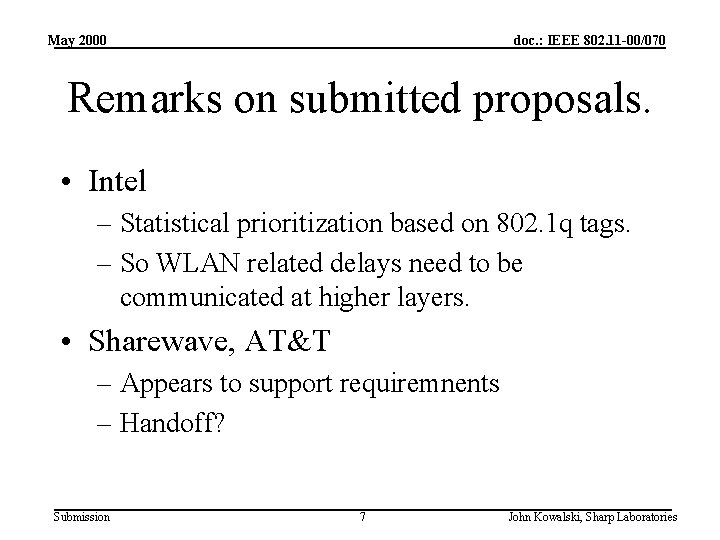 May 2000 doc. : IEEE 802. 11 -00/070 Remarks on submitted proposals. • Intel