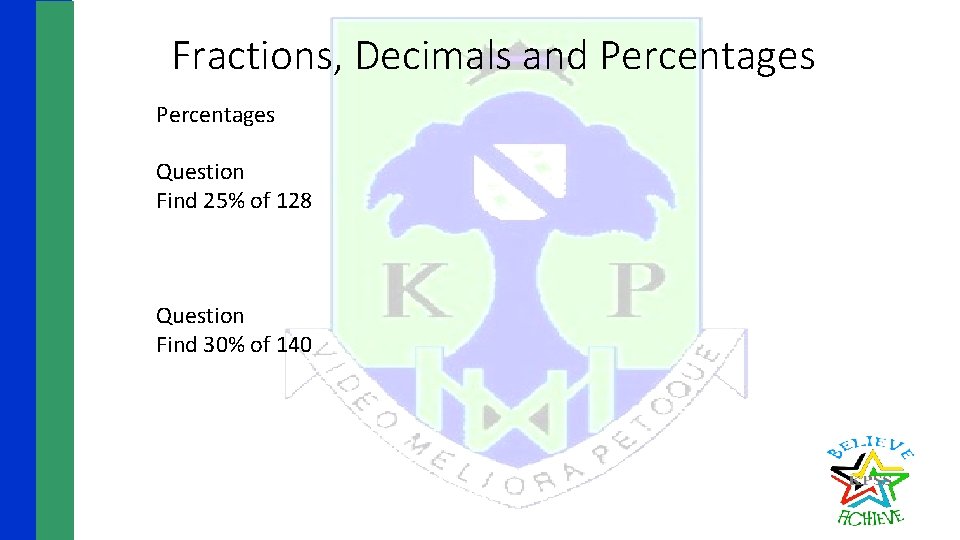 Fractions, Decimals and Percentages Question Find 25% of 128 Question Find 30% of 140