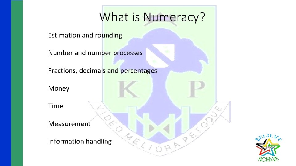 What is Numeracy? Estimation and rounding Number and number processes Fractions, decimals and percentages