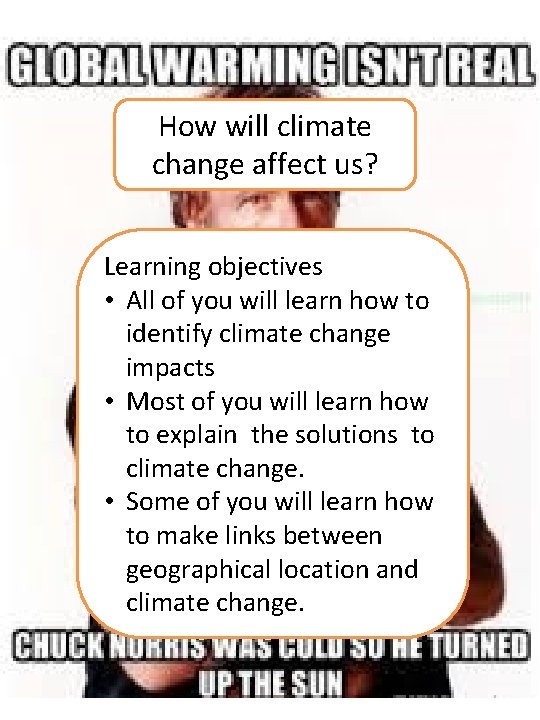 How will climate change affect us? Learning objectives • All of you will learn