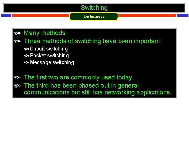 Switching Techniques Many methods Three methods of switching have been important: Circuit switching Packet