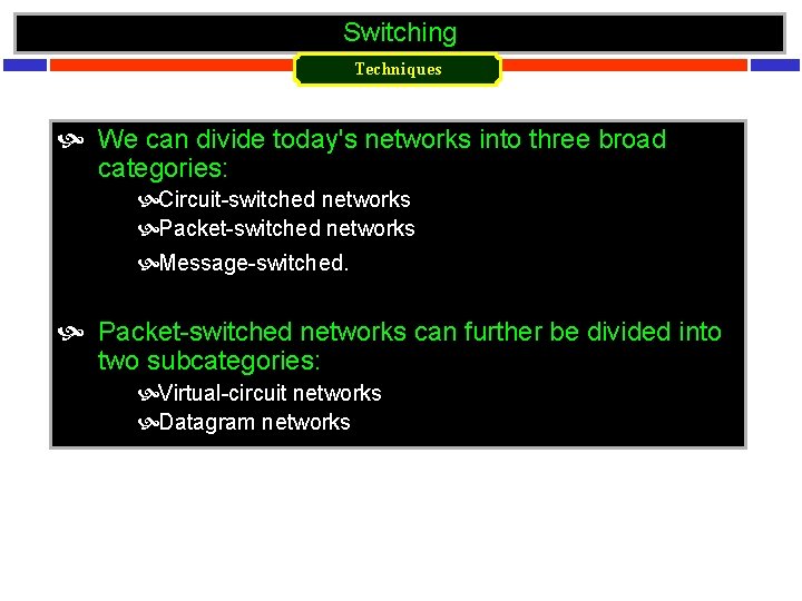 Switching Techniques We can divide today's networks into three broad categories: Circuit-switched networks Packet-switched