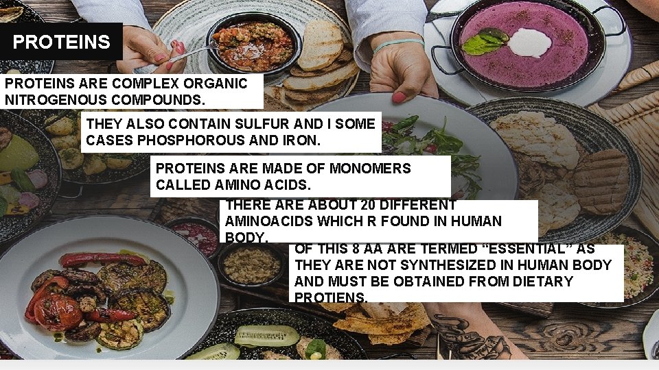 PROTEINS ARE COMPLEX ORGANIC NITROGENOUS COMPOUNDS. THEY ALSO CONTAIN SULFUR AND I SOME CASES