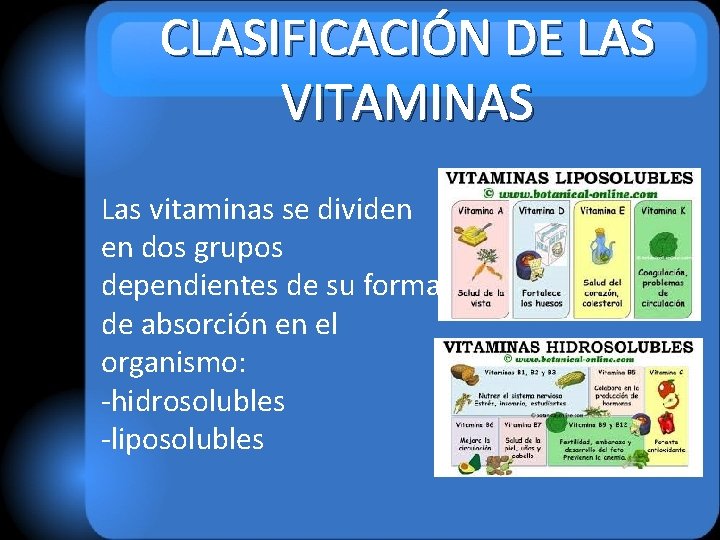 CLASIFICACIÓN DE LAS VITAMINAS Las vitaminas se dividen en dos grupos dependientes de su