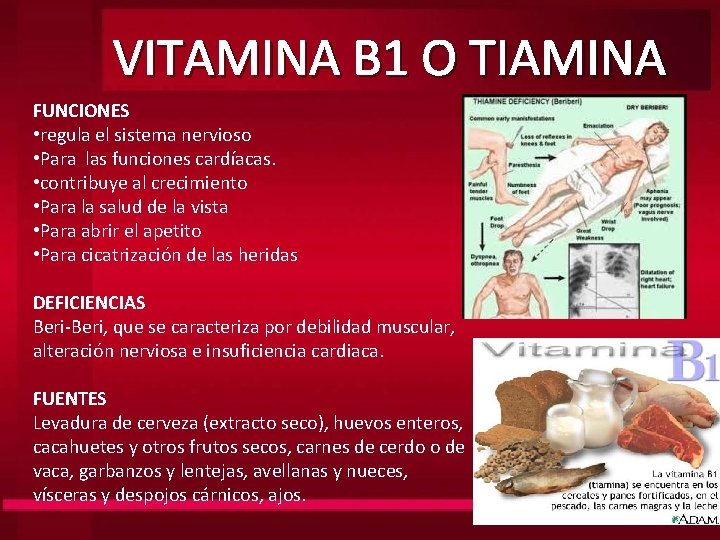 VITAMINA B 1 O TIAMINA FUNCIONES • regula el sistema nervioso • Para las