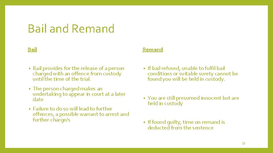 Bail and Remand Bail • Bail provides for the release of a person charged