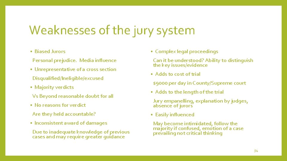 Weaknesses of the jury system • Biased Jurors • Personal prejudice. Media influence •
