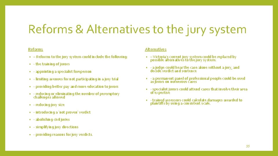 Reforms & Alternatives to the jury system Reforms • – Reforms to the jury