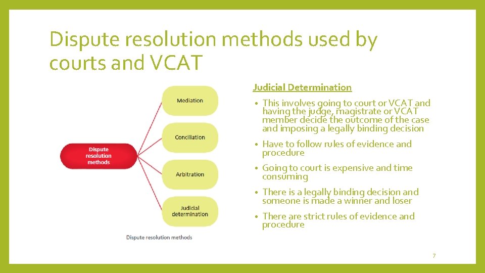 Dispute resolution methods used by courts and VCAT Judicial Determination • This involves going