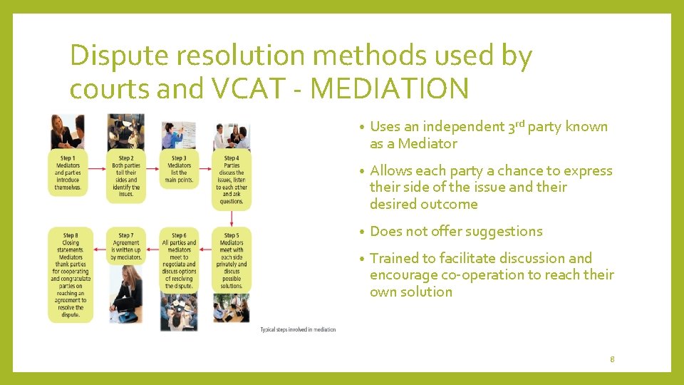 Dispute resolution methods used by courts and VCAT - MEDIATION • Uses an independent