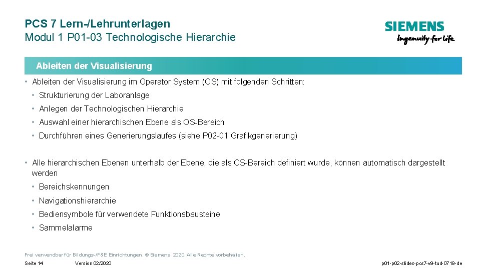 PCS 7 Lern-/Lehrunterlagen Modul 1 P 01 -03 Technologische Hierarchie Ableiten der Visualisierung •