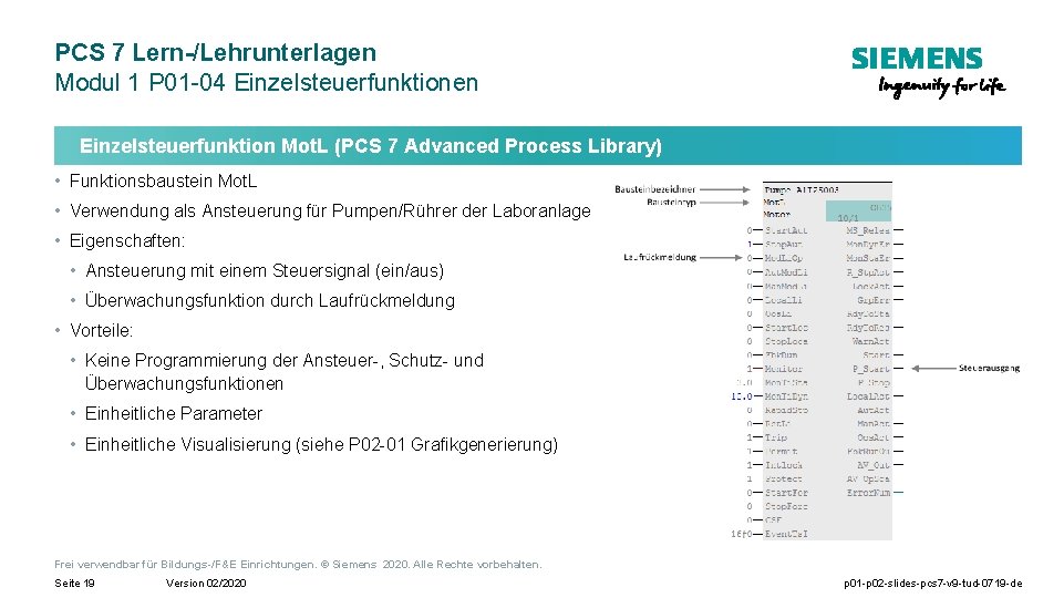 PCS 7 Lern-/Lehrunterlagen Modul 1 P 01 -04 Einzelsteuerfunktionen Einzelsteuerfunktion Mot. L (PCS 7