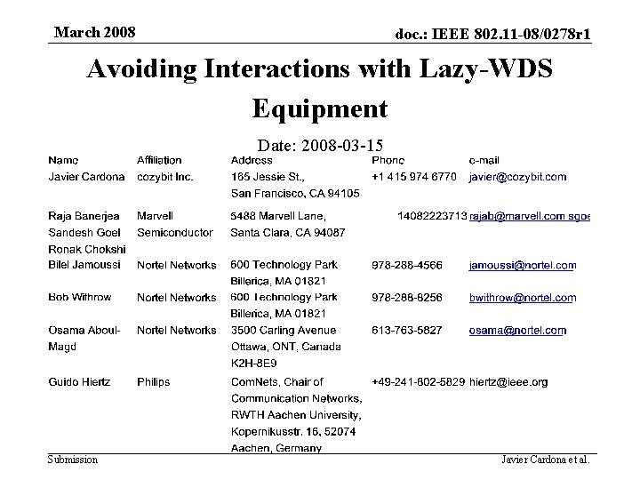 March 2008 doc. : IEEE 802. 11 -08/0278 r 1 Avoiding Interactions with Lazy-WDS