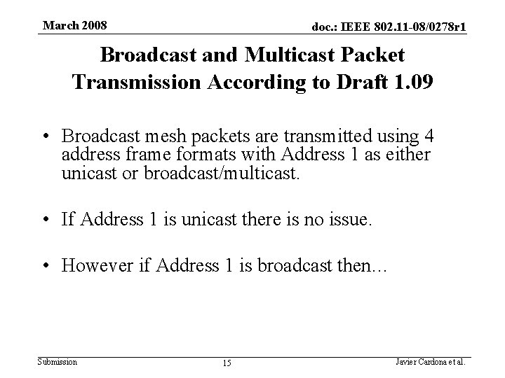 March 2008 doc. : IEEE 802. 11 -08/0278 r 1 Broadcast and Multicast Packet